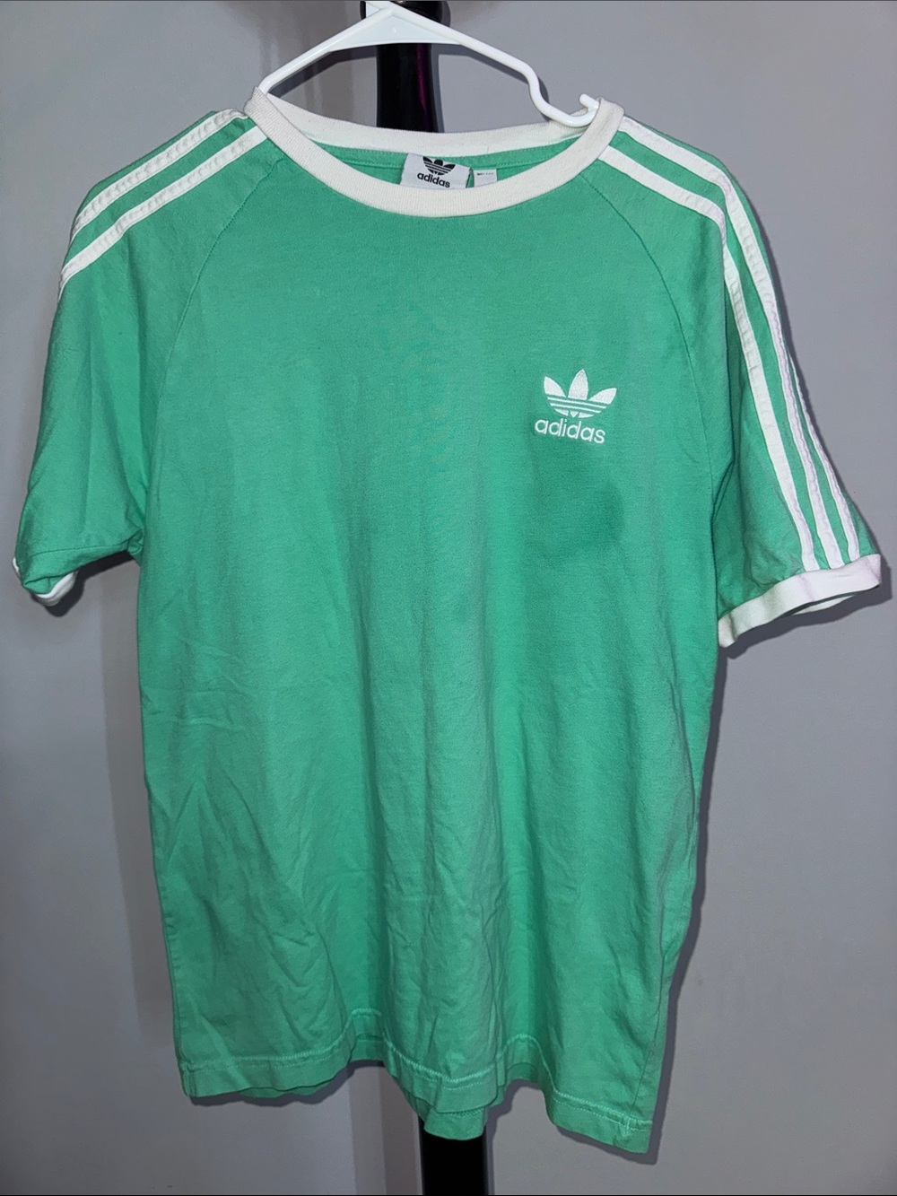 Vintage adidas Short Sleeve Trefoil Tee in Mint Green with White Stripes 32.T